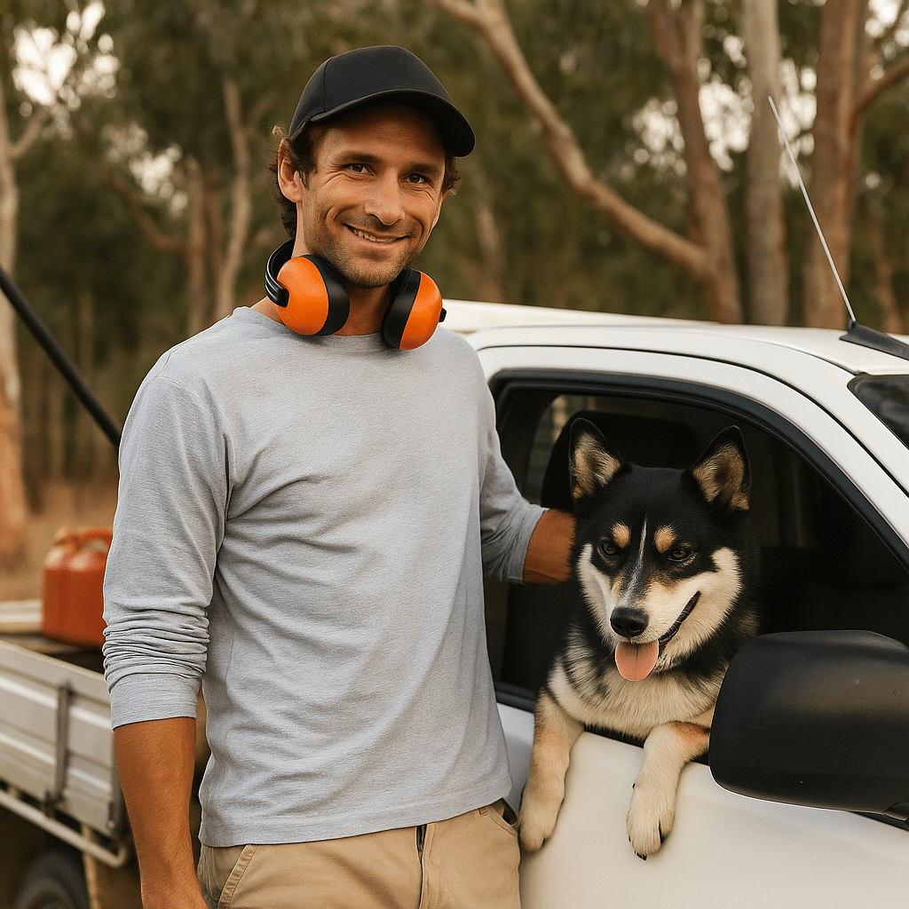 Ready 2 Reno Adelaide based tradie pats his dog sitting in the ute, the tradie is wearing orange earmufs and wearing a black cap, his complexion is slightly tanned and his sleeves are rolled up