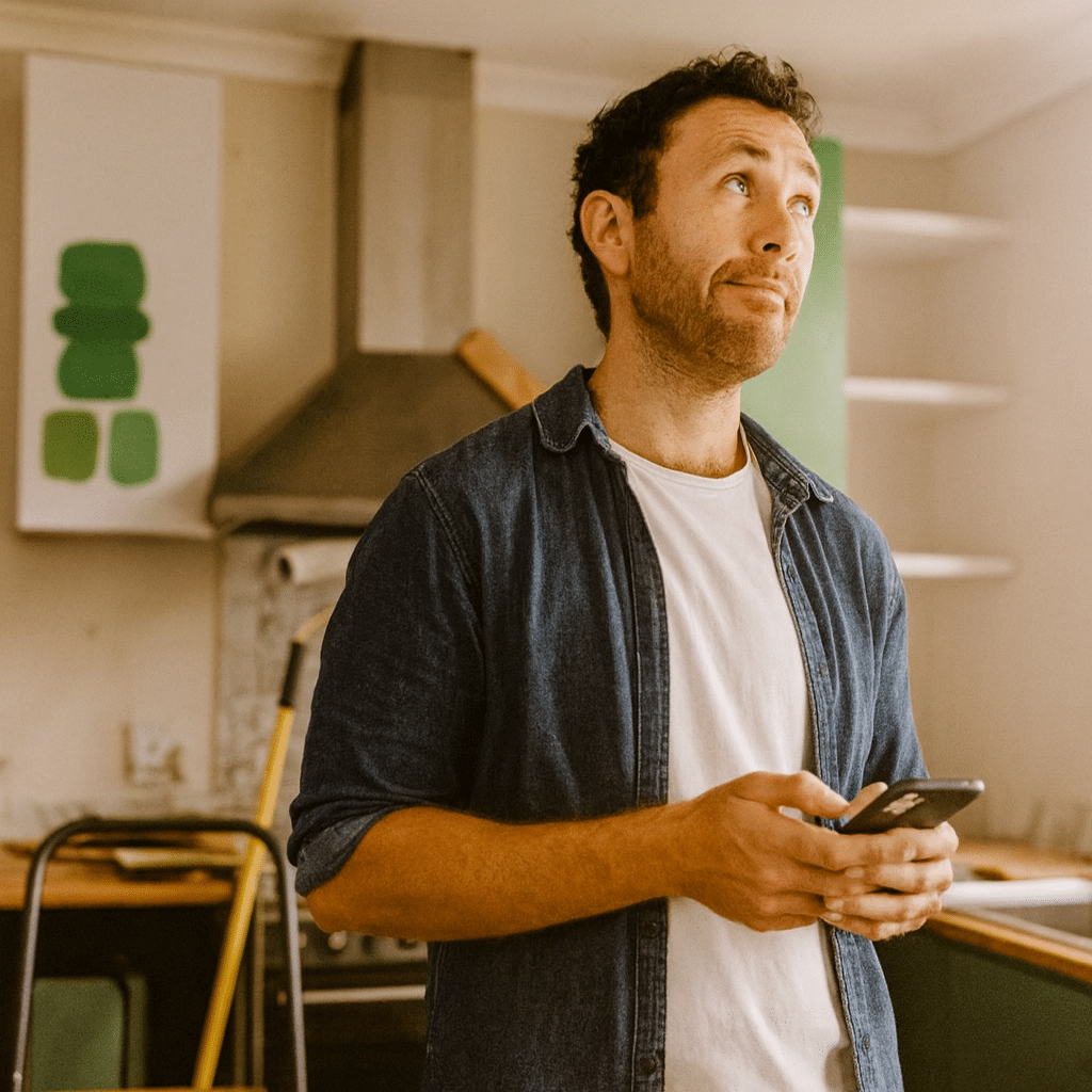 Ready 2 Reno Adelaide based DIY customer is standing in his half renovated kitchen with a paint roller and half painted wall in the background while he looks confused and holds his phone to connect with a tradie